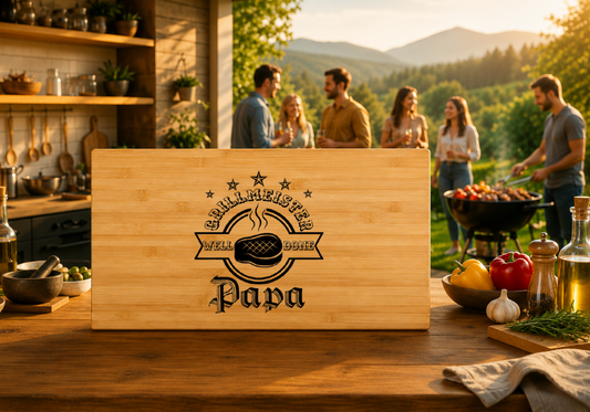 Graviertes Holzbrett aus Bambus 28x45cm - Grillmeister Papa - Ideale Geschenke
